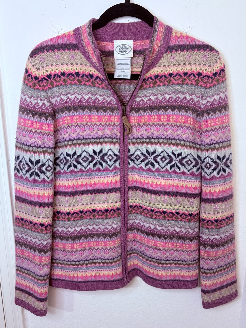 Vintage Laura Ashley Pink Multicolor Fair Isle Zip Sweater Cottagecore cardigan